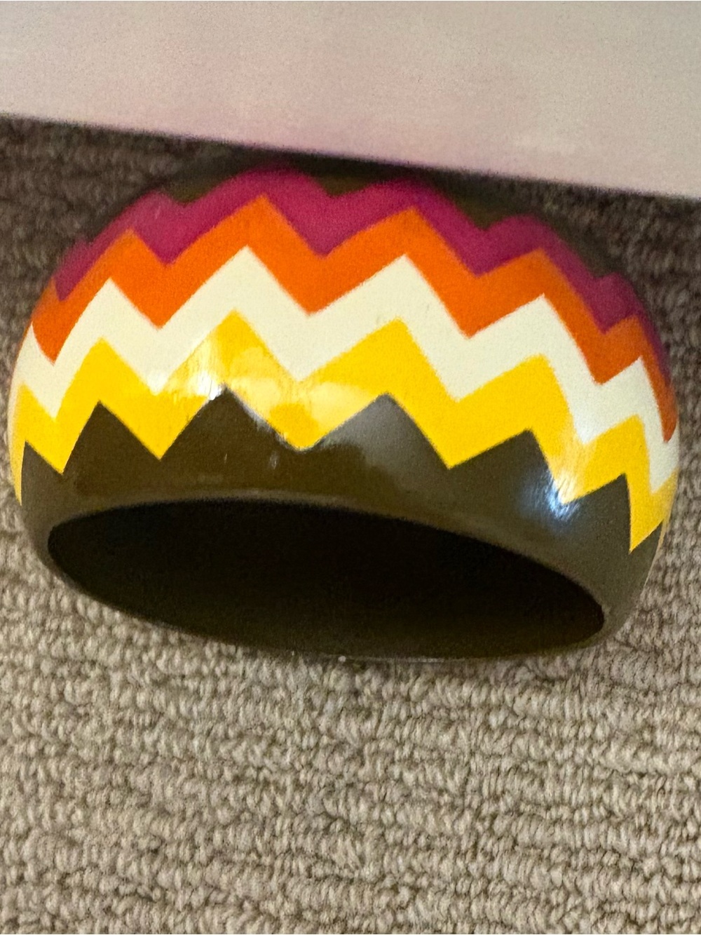 Hand-Painted Zigzag Accent Bowl in Olive, Yellow, Orange, Fuchsia, and White